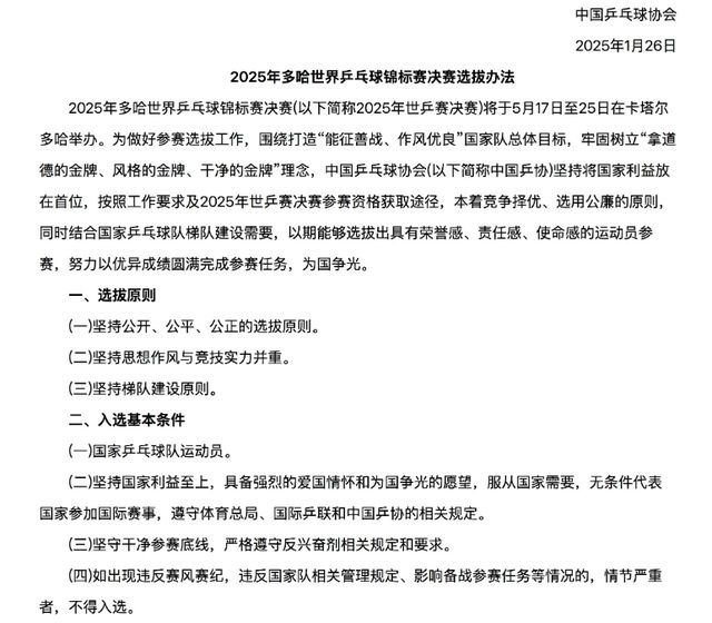 世乒赛四大选拔标准曝光！王皓马琳详解细节 巴黎奥运冠军直接入围(图2)