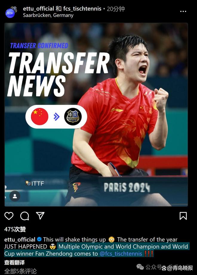 媒体：樊振东加盟德国乒乓球甲级联赛(图1)